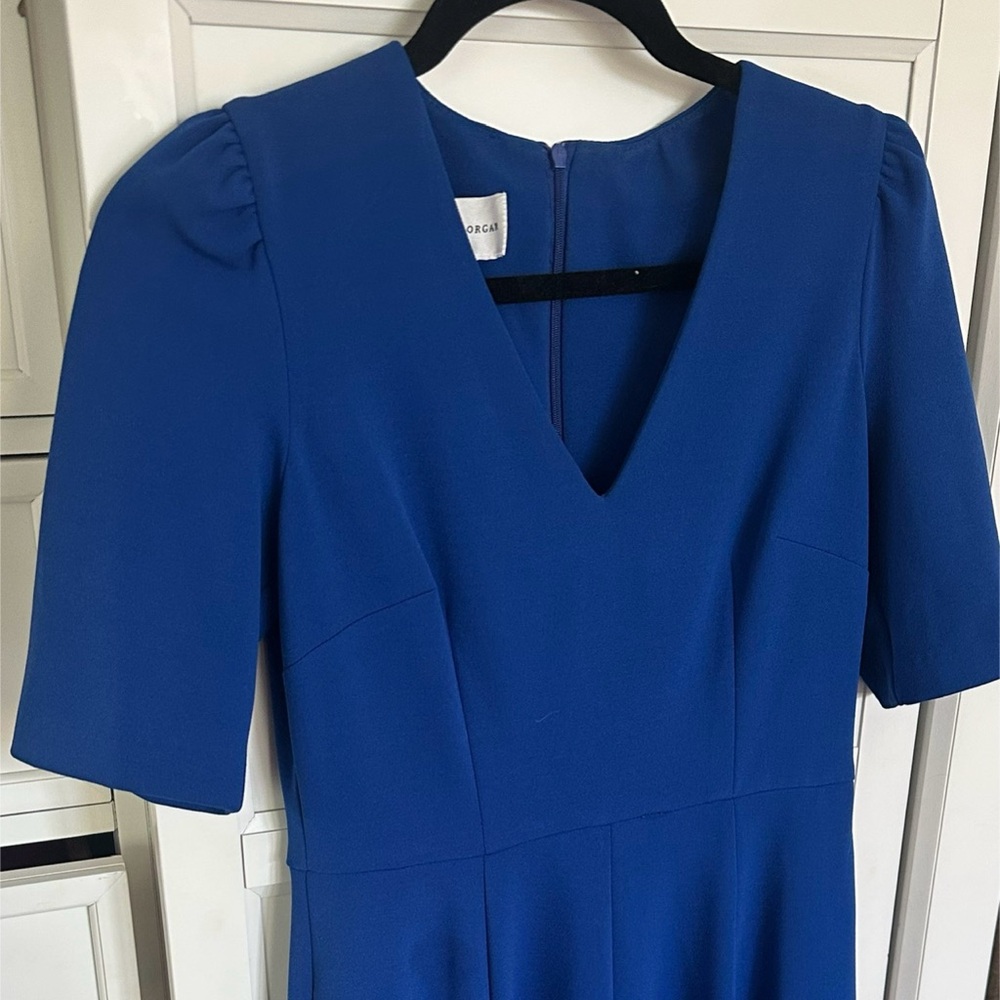 Donna Morgan Blue A-Line Midi Dress with V-Neck